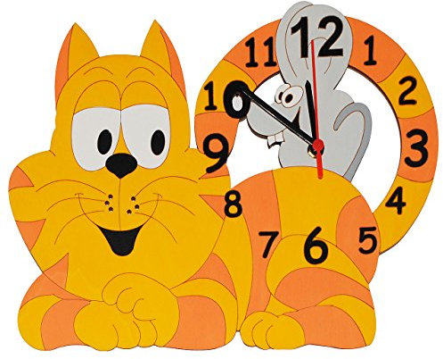alles-meine.de GmbH Wanduhr - lautlos - Katze mit Maus - Uhr aus Holz - 37 cm groß - lautlos + ohne Ticken - für Jungen Mädchen Kinder/Kinderzimmer Kinderuhr - Analog Holzu..