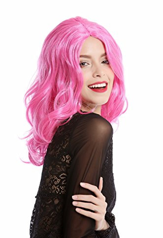 WIG ME UP - 90831-ZAC5B Perücke Damen Halloween Karneval pink rosa schulterlang wellig Mittelscheitel
