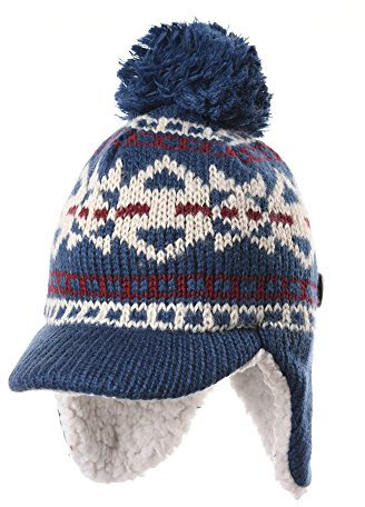 WITHMOONS Strickmützen Seemannsmütze Knit Fleece Fairs Isle Nordic Ear Flap Pom Beanie Hat DW7564 (Navy)