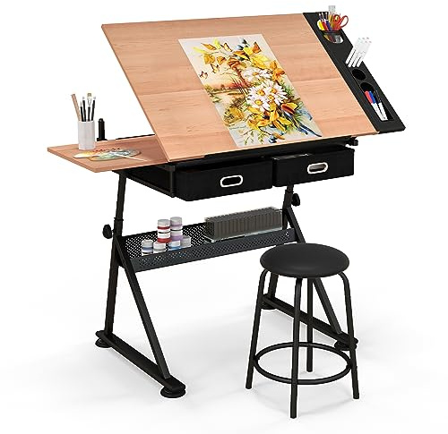 COSTWAY Zeichentisch mit Hocker, Architektentisch höhenverstellbar, Schreibtisch mit neigbarer Tischplatte, Schülerschreibtisch mit 2 Schubladen, Arbeitstisch für Architekt & Künstler (Natur)