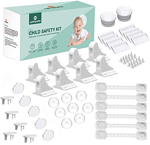 LATTCURE Baby Proofing, 36 Pcs Baby Safety Locks - 8 Magnetic Cupboard Locks+2 Keys, 8 Corner Protectors, 8 Child Safety Cupboard Straps, 10 Socket Covers Protectors/Guards