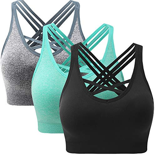 ANGOOL Damen Sport BH ohne Bügel Gepolstert Yoga Bra Kreuz Rücken Sport Bustier für Jogging Fitness , Schwarz+grau+grün , S