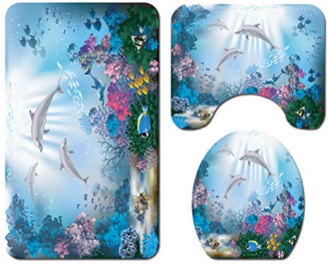 DOITOOL 3-Piece Dolphin Bathroom Mat Set 29.53X17.72 Inch Non-Slip Memory Foam Bath Rug with Toilet Lid Cover Soft Absorbent Washroom Floor Mat for Home and Hotel