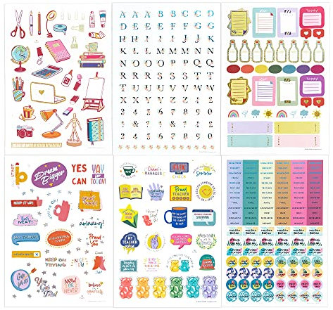 Navy Peony Akademische Aufkleber für Lehrer und Studenten (6 Blatt, 370+ Stück) – bunte Glitzerfolie | Belohnungsaufkleber & Geschenk für Pädagogen | Alphabet & Tracker für Planer & Kalender