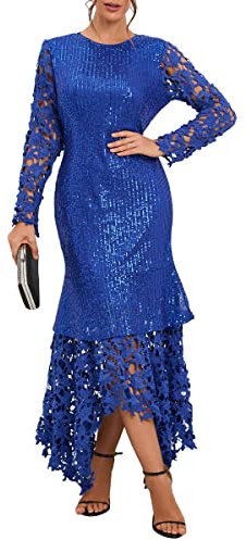 IWFEV Pailletten Bodenlang Hohl Asymmetrisches Damen Maxikleid Spitzenkleid Party Abendkleid, blau, Groß