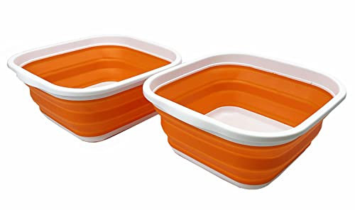 SAMMART 5,5 l Set mit 2 faltbaren Wannen, Faltbare Geschirrwanne, tragbares Waschbecken, platzsparende Kunststoff-Waschwanne (Weiß/Orange)