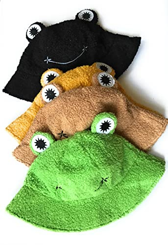KGM Fischerhut mit niedlichem flauschigem Borg-Frosch-Design, Ohrmuschel, für Festivals, Feiertage, Spaß, Party, Geschenk, gelb, Einheitsgröße