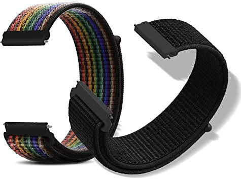 RoYiio 2 Stücke Nylon Armband 22mm, Bequem und Atmungsaktiv, mit Schnellverschluss, Ersatzarmbänder Uhrenarmbänder für Smartwatches und Armbanduhren - Schwarz & Schwarzer Regenbogen
