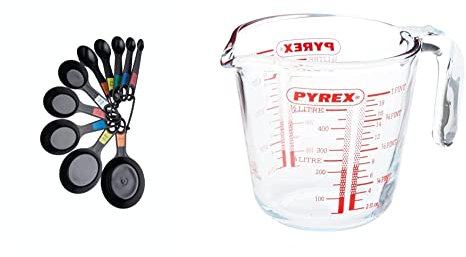 KitchenCraft Universal Measuring Spoon Set, Teaspoons and Tablespoons for Measuring Dry and Liquid Ingredients, Black, Set of 10 & Pyrex Measuring Jug 500ml | Capacity 568ml / 20 Ounce | P586