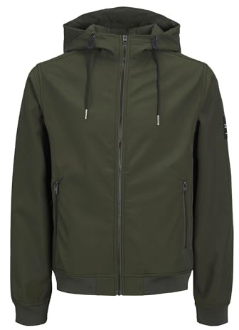 JACK & JONES Veste en Softshell Grande Taille à Capuche Biker Bomber Blouson Transition Oversize JJEBASIC, Couleurs:Vert-3, Taille de Veste:XXL