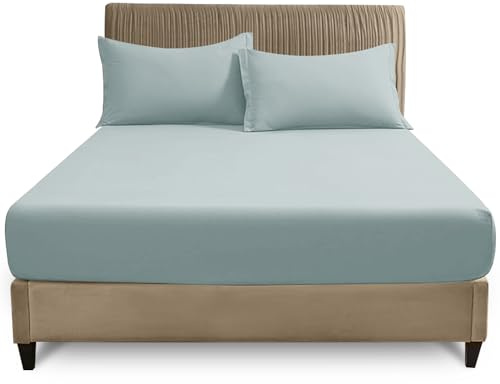 GC GAVENO CAVAILIA Super King Fitted Sheet (180x200 cm) - Soft Polycotton Fabric - Anti Allergic - Fade Resistant Bed Linen - Elasticated 25cm Deep Plain Bottom Sheet, Duck Egg