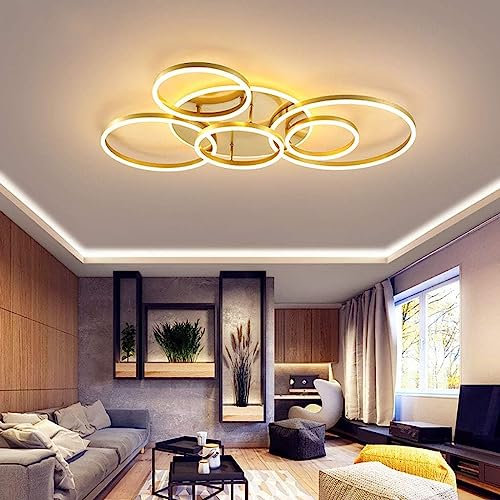 LED Deckenleuchte Dimmbar Wohnzimmer Deckenlampe Creative Pendelleuchte Mit Fernbedienung Dimmbarer Deckenstrahler Round 6 Circle 86W Schlafzimmer Acryl Aluminium Wohnzimmer Leuchte ( Color : Gold )
