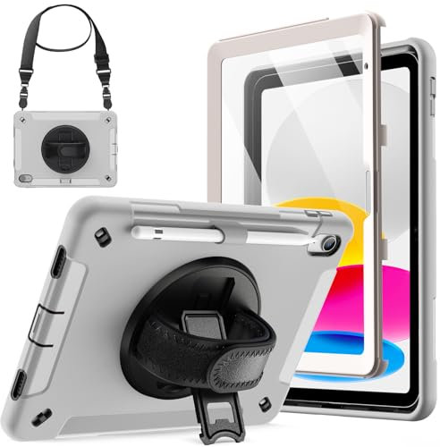 JETech Funda para iPad (A16) 11.ª/10.ª Generación (2025/2022) con Incorporada Protector Pantalla, Rugosa Antigolpes Carcasa, Soporte Giratorio 360 Grados con Correa Mano (Gris Claro)