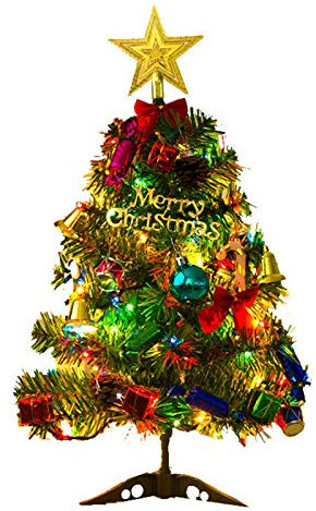 Árbol de Navidad con iluminación LED, decoración de Navidad 50 cm Árbol de Navidad Artificial Adornos árboles de mesa iluminados con manzanas de pino y cañas de azúcar, decoración para el hogar, mesa