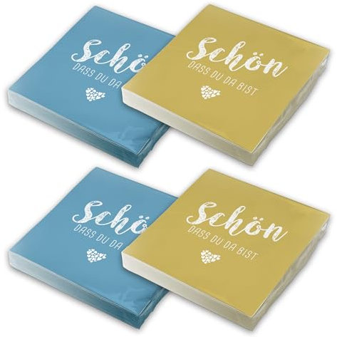 itenga Servietten Schön dass du da bist 30 x 30cm 3-lagig 80 Stück für Kommunion Konfirmation Hochzeit Taufe und andere Feiern (Mix Pack - 40x nordic blue und 40x currygelb)