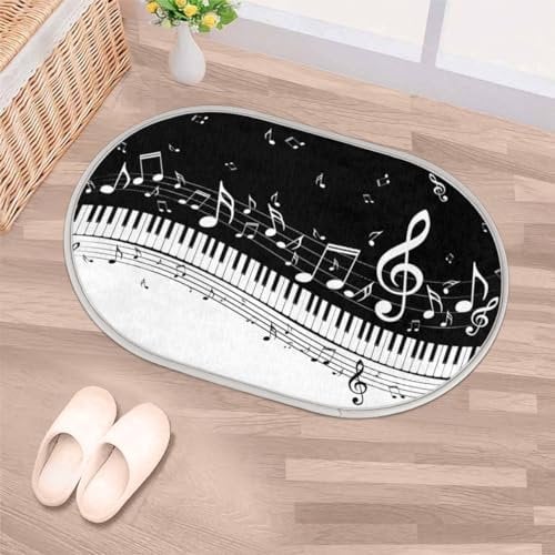 Musical Piano Notes Keys Oval Long Hair Thickened Door Mat Rug 40x60cm, Piano Print Area Rugs for Room Kitchen Home Bath Non-Slip Floor Mat Rug