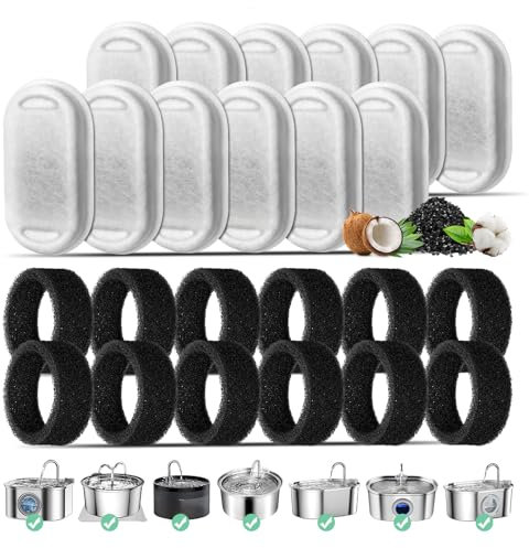 Katzenbrunnen Filter, 12-Pack Ersatzfilter für 108oz/3.2L Edelstahl Katzenbrunnen, 12 Stück Kohlefilter Und 12 Stück Schaumfilter Dreifach-Filterung Filter für 2L Trinkbrunnen für Katzen und Hunde