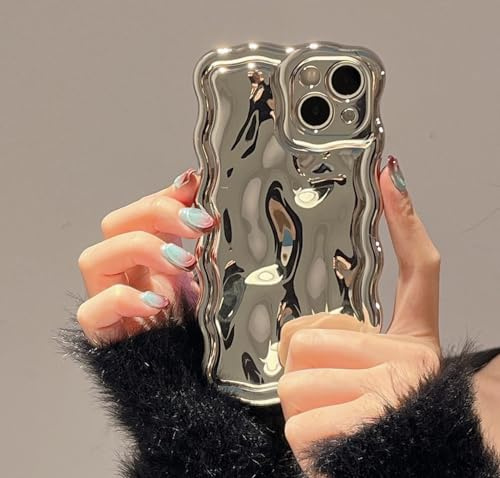 Fabspark Schutzhülle für iPhone 14, 3D-Meteoritenblasenmuster, galvanisiert, Glitzer, gelockter, gewellter Rahmen, glänzend, weiches TPU, stoßfest, für iPhone 14, 15,5 cm (6,1 Zoll), silberfarben