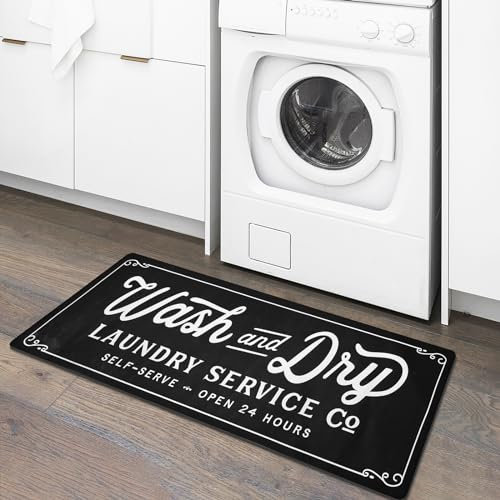 KOZYFLY Laundry Room Rug Runner 20x31 Non Slip Kitchen Rug Washable Mudroom Floor Carpet Runner Farmhouse Decor, Black, Wash and Dry