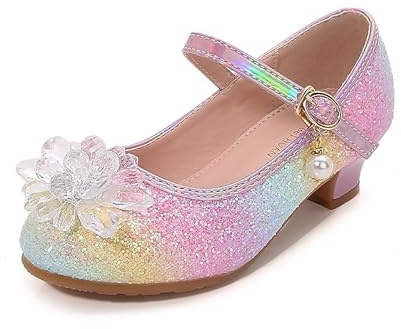 Girls Princess High Heel Sandals,Bowknot Sequin Dress Shoes Rainbow Pink