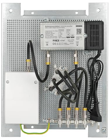 maxx.onLine 4 Teilnehmer Set mit Antennenverstärker für Kabelfernsehen 33 dB Verstärkung & Rückkanal, Kabel Verteiler, Überspannungsschutz, F-Verbindungskabel vormontiert auf Lochblech Montageplatte