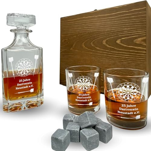 Whisky Set mit Gravur Dart personalisiert Karaffe 700 ml und Gläser verschiedene Motive Dartscheibe Dartspieler Geschenkbox (Motiv 1: Board and Pins, Karaffe + 1 Glas)