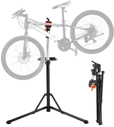 VEVOR Soporte Plegable para Taller de Bicicletas Carga de 30 kg Soporte de Reparación de Bicicletas Ajustable en Altura, Abrazadera Giratoria de 360° con Soporte para Herramientas para Mantenimiento