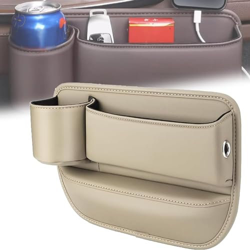 Naneug Car Leather Cup Holder Gap Bag,2024 New Multifunctional Car Seat Gaps Filler,Pu Car Console Side Pocket With Cup Holder, For Phones Glasses Keys Cards (Beige)