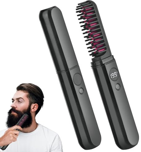 Alisador de Barba para Hombres, Cepillo de Barba Portátil Temperaturas Ajustables con 3 Niveles 130°C~199°C Plancha de Calentamiento Rápido Plancha de Pelo Inalámbrica para Cabello y Barba