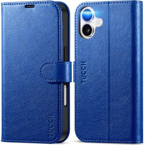 TUCCH Case for iPhone 16 (6.1) 2024 5G, Magnetic PU Leather Wallet Protective Flip Folding Stand Cover with[RFID Blocking]Card Holders[Kickstand][Shockproof TPU]Compatible with iPhone 16, Klein Blue
