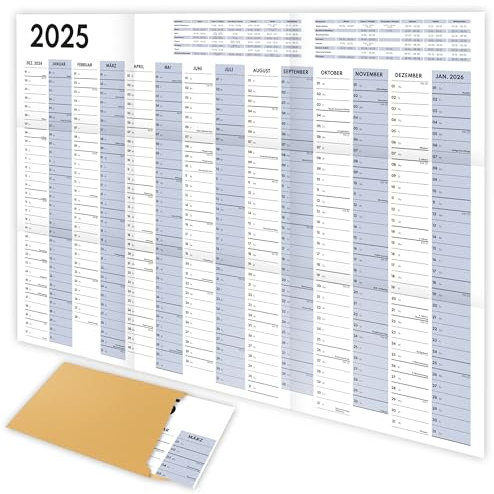 XXL Wandkalender 2025 groß (90x60cm) - Jahresplaner 2025 quer als Kalender für die Wand - Jahreskalender für 14 Monate mit Ferienübersicht - Kalender gefalzt für das Büro