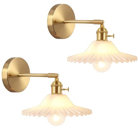 TOKTOP Lot de 2 Applique Murale Abat-Jour en Verre Blanc Appliques en Laiton Réglables Luminaire Mural Lampes Murales avec Interrupteur Pour Chambre Salle de Bain Salon