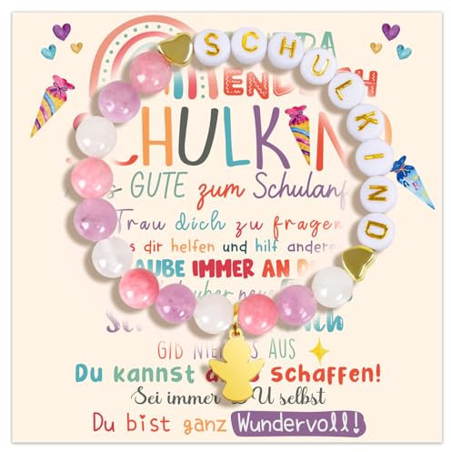 iZoeL Einschulung Geschenk Mädchen Schutzengel Armband Lila 2025 Schulkind Schultüte Füllung Schulanfang Glücksbringer mit Grußkarte Geschenkbox