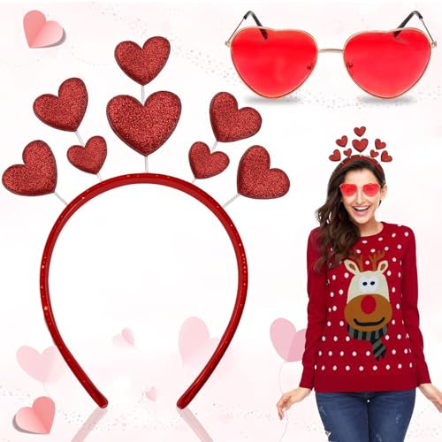 SUpoetry 2 Stück herzförmigen Haarreif und herzförmige Brille rot set, Herzen Karneval Haarreif Rot Stirnband Glitzer, Herz H-aarreif Damen mit Roter -Herzförmiger Brille Für Valentines Party