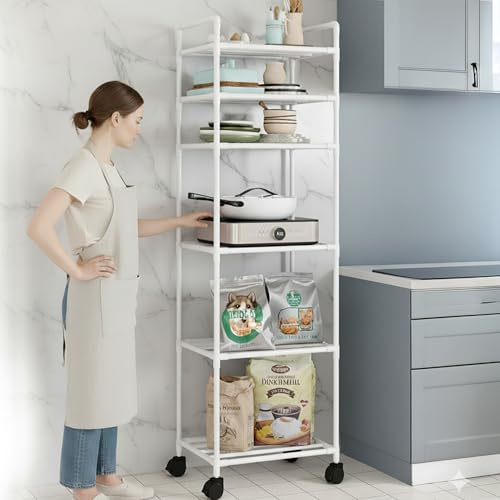 PIONEROX 6-Tier Metal Shelving Unit with Wheels | Narrow Kitchen Storage Rack | Bathroom Shelf Stand | Microwave Oven Shelf | Slim Corner shelf Unit for Home & Greenhouse | Air fryer and Microwave