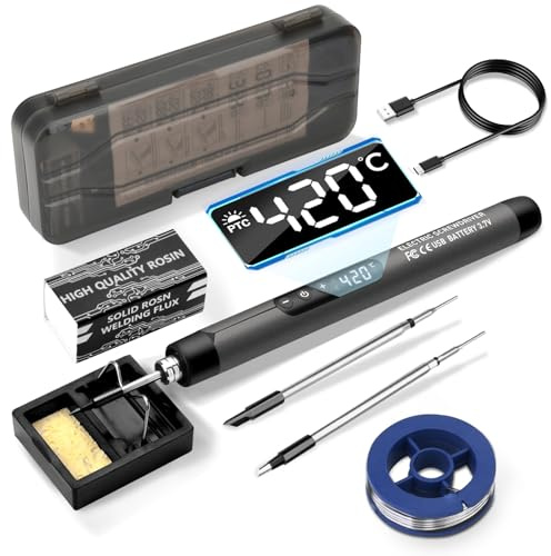 diymore Juego de soldador inalámbrico, USB, 5 velocidades, temperatura ajustable 260 ℃-420 ℃, 3 puntas de soldadura, alambre de soldadura, pasta de soldadura, batería de soldador para reparación de