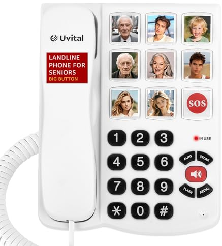 Uvital Big Button Phone for Seniors, One-Touch Landline Phones, White | 8 One-Touch Dialing Big Buttons and 1 SOS Emergency Button, Hands-Free, Loud Ringer, Easy to Use