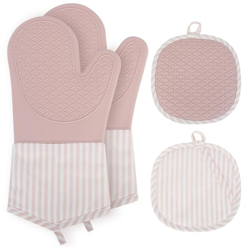 AiQInu Ofenhandschuhe Topflappen Set, Ofenhandschuhe Silikon Bis 230°C, Zwei Handschuhe und Zwei Topflappen, Topfhandschuhe Hitzebeständig für Kochen Backen