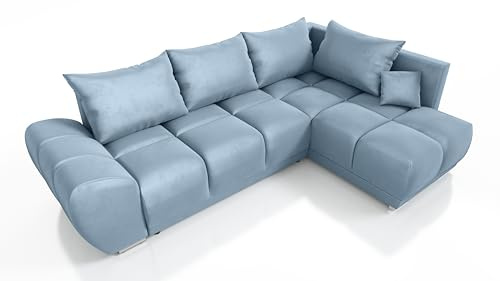 DMSM Sven Ecksofa mit Schlaffunktion, Blau, 290 cm, Ausziehbar, Bettkasten, Modernes Wohnzimmer L-Form Sofa