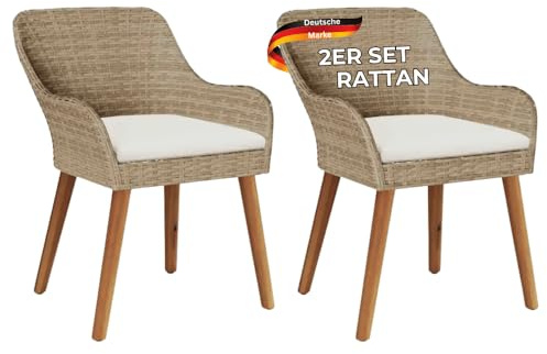 DELUKE Gartenstuhl Egos 2er Set Poly-Rattan 62,5x55x82 cm mit Polster Beige | Gartenstuhl Rattan Outdoorstühle Balkonstühle