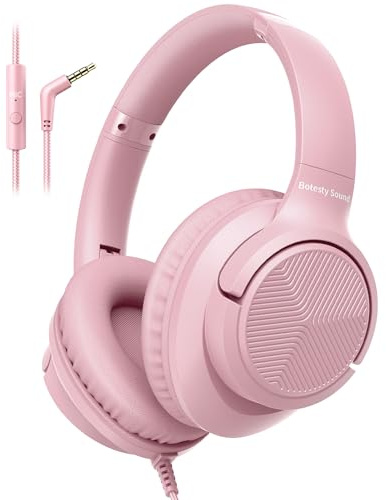 Wired Headphones with Microphone, 3.5mm Corded Headphones for School, Pink