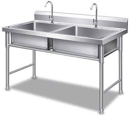 Lavello Autoportante in Acciaio Inox 2 Vasche, Lavandino da Esterno con Filtro per Rifiuti, Kit di Scarico, Lavello Professionale per Cucina, Garage, Lavanderia, Ristorante