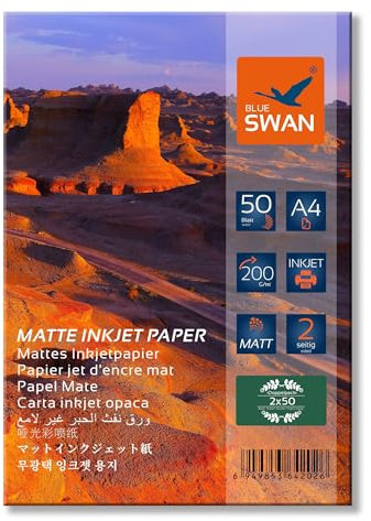 Blue Swan Papier Photo Mat A4, 200 g/m², 100 Feuilles, Revêtement Mat Recto-Verso, Séchage Rapide, Haute Luminosité des Couleurs, Faible Réflexion, Compatible Imprimantes Jet d’Encre