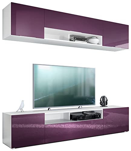 Vladon Wohnwand Mogan, Weiß matt/Brombeer Hochglanz - Moderne Anbauwand bestehend aus 2 TV-Boards (181 x 147 x 35 cm)