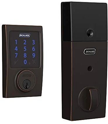 SCHLAGE BE469ZP CEN 716 Connect Pêne dormant intelligent avec alarme et garniture Century en bronze vieilli, compatible Z-Wave Plus