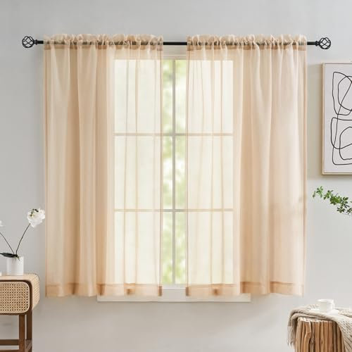 MYSTIC-HOME Durchsichtige Vorhänge, Taupe, 160 cm Länge, Stangentasche, Voile-Vorhänge für Wohnzimmer, Schlafzimmer, Fensterbehandlungen, halbknisternde Vorhänge für Hof, 2er-Set, 132.1x160 cm