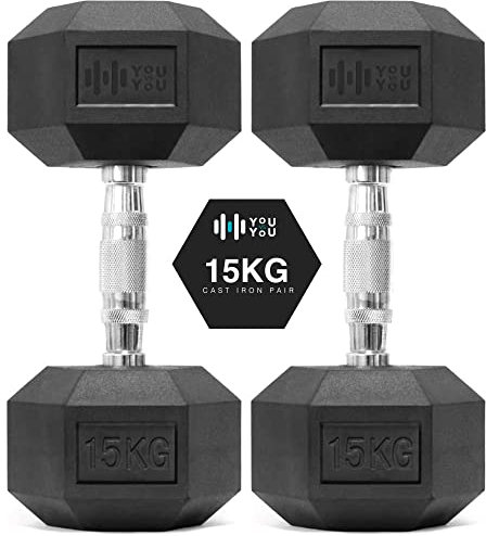 You vs You Hex Dumbbells Weights Pair for Home Exercise | 15kg Set of 2 Hexagonal Weight Rubber Encased for Home Fitness Gym Workouts Training Muscle Building & Conditioning | Unisex | Strength Fit