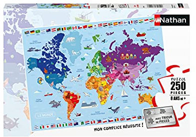 Nathan - Puzzle Enfant - 250 pièces - Carte du monde - Filles ou garçons dès 8 ans - Puzzle de qualité supérieure - Carton épais et résistant - Cartographie - 86883