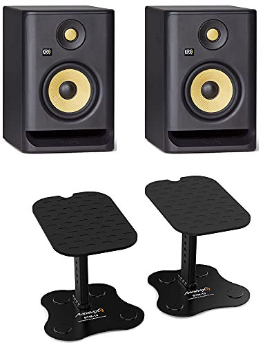 Audibax KRK Pareja RP5 G4 Monitores Estudio Amplificado Negro Neo STM-10 Soportes Monitores/Altavoces Estudio para Mesa Regulables (Pareja)