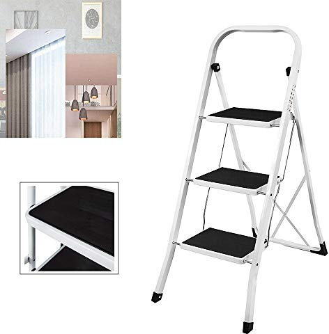 Escabeau Pliable 3 marches, Heavy Duty Antidérapant Échelle Marchepied, Charge Max 300lbs, Portable Marche en Acier, pour la Maison, Cuisine, Garage, Jardin, Blanc et Noir